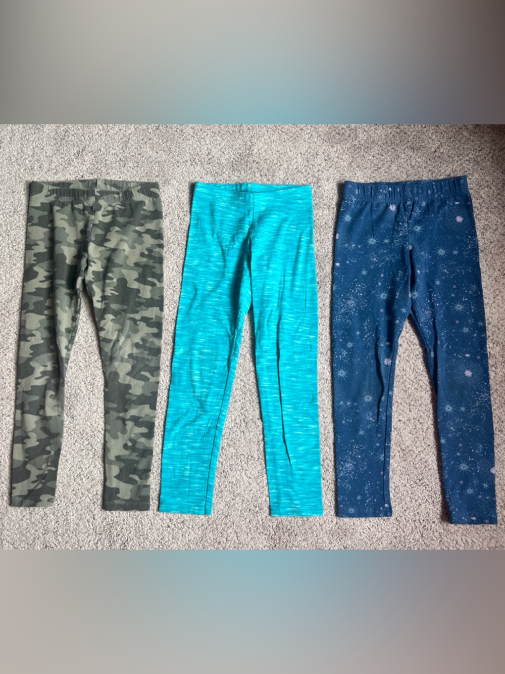 Kids Stretch Leggings Trio - Camo Green, Teal, Navy Sky - Size 6/7